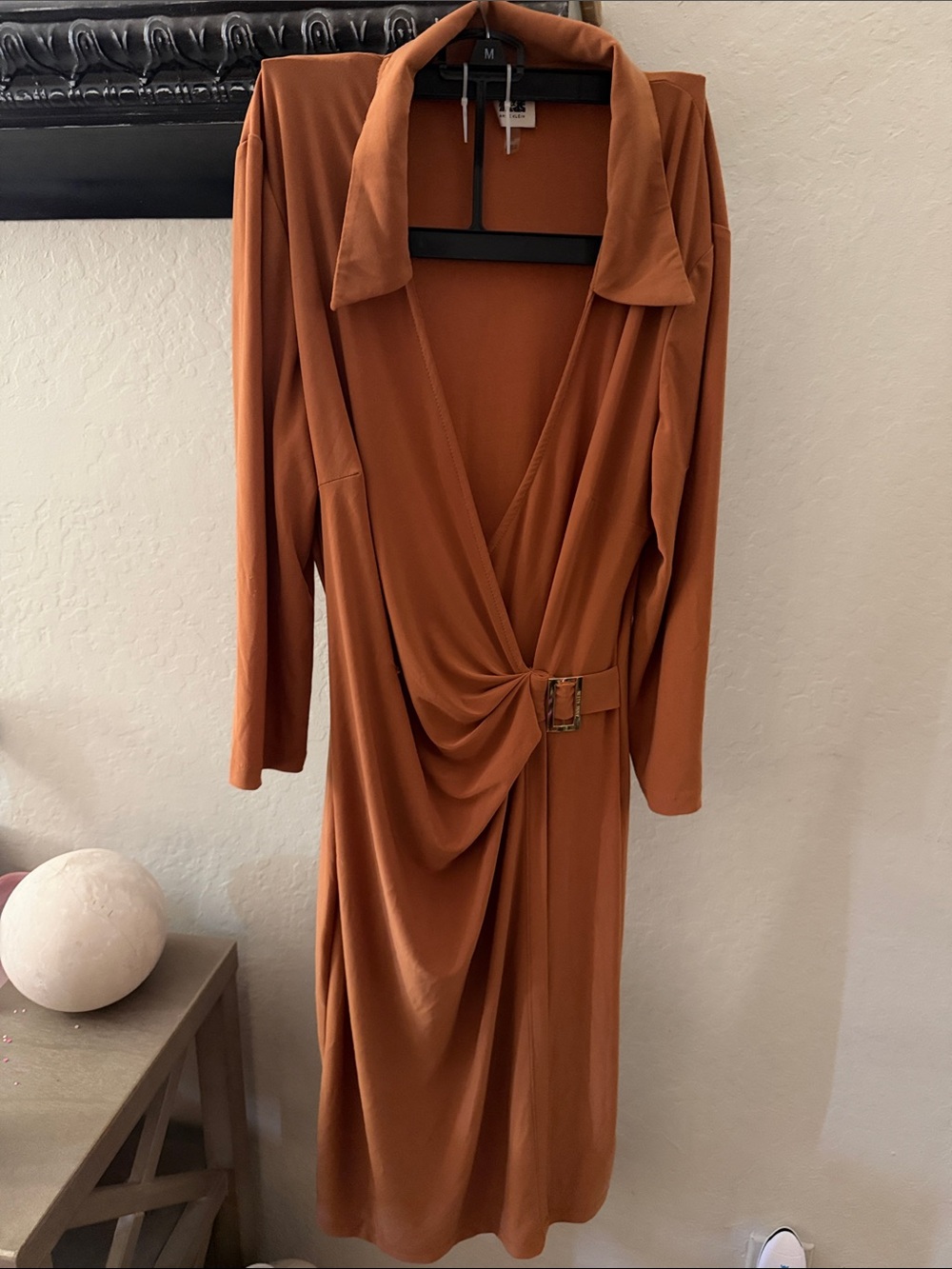 Anne Klein Rust Bronze Draped Midi wrap Dress with Buckle Detail